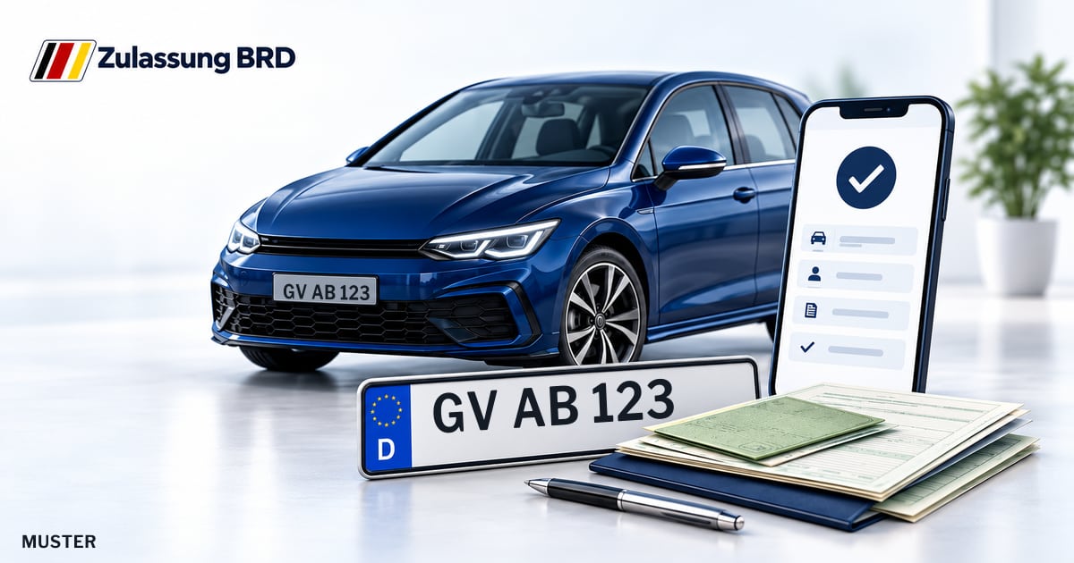 Online Fahrzeugzulassung in Grevenbroich: Musterkennzeichen GV AB 123, Auto und Fahrzeugpapiere und Smartphone. Illustration mit Logo von Zulassung BRD.